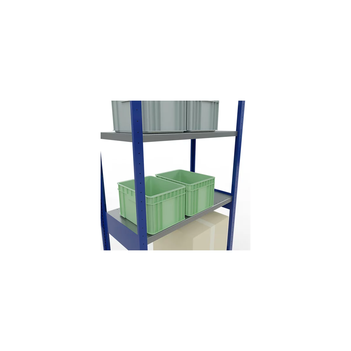 Rek met groene en grijze plastic dozen en een kartonnen doos. Het frame is blauw.