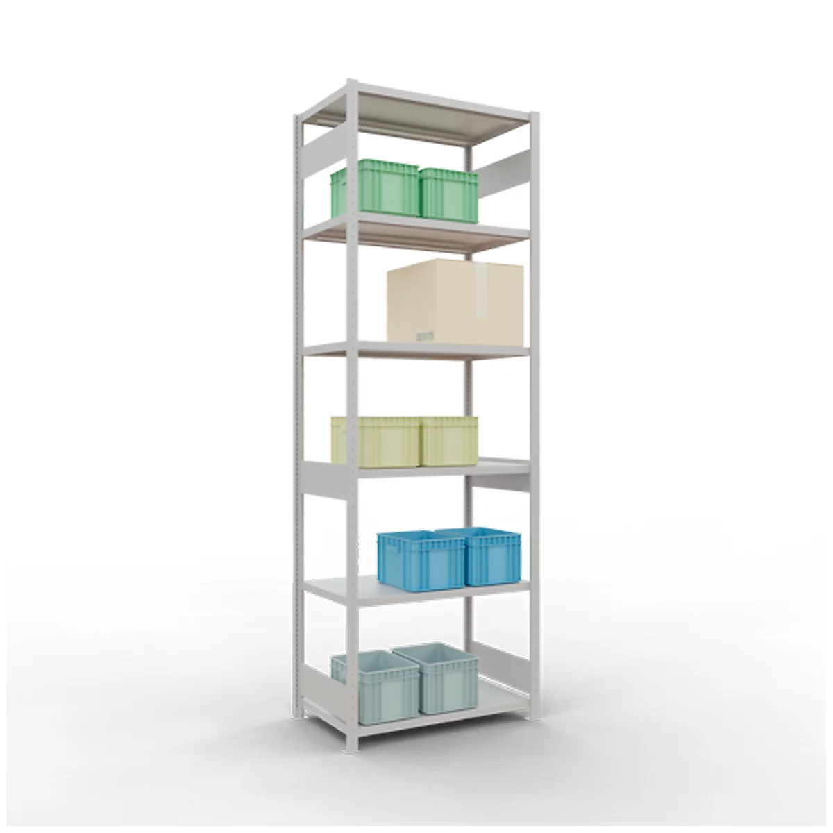 Grijs rek met planken. Het is geladen met groene, gele, blauwe dozen en een kartonnen doos. Witte achtergrond.