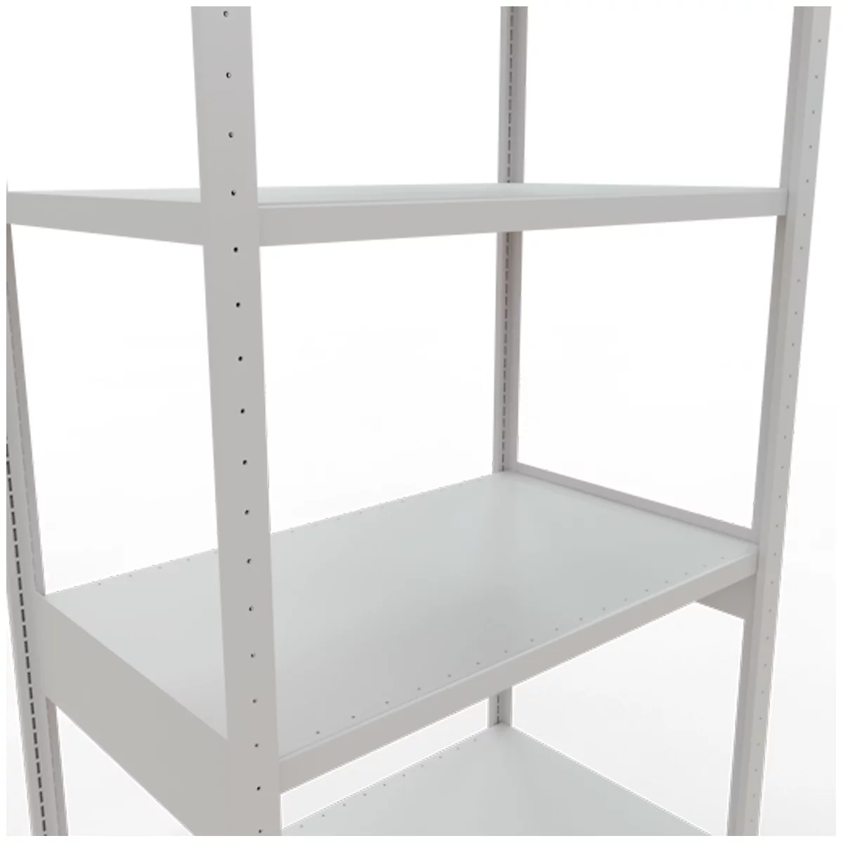 Grijze metalen planken zonder inhoud voor een witte achtergrond, close-up.