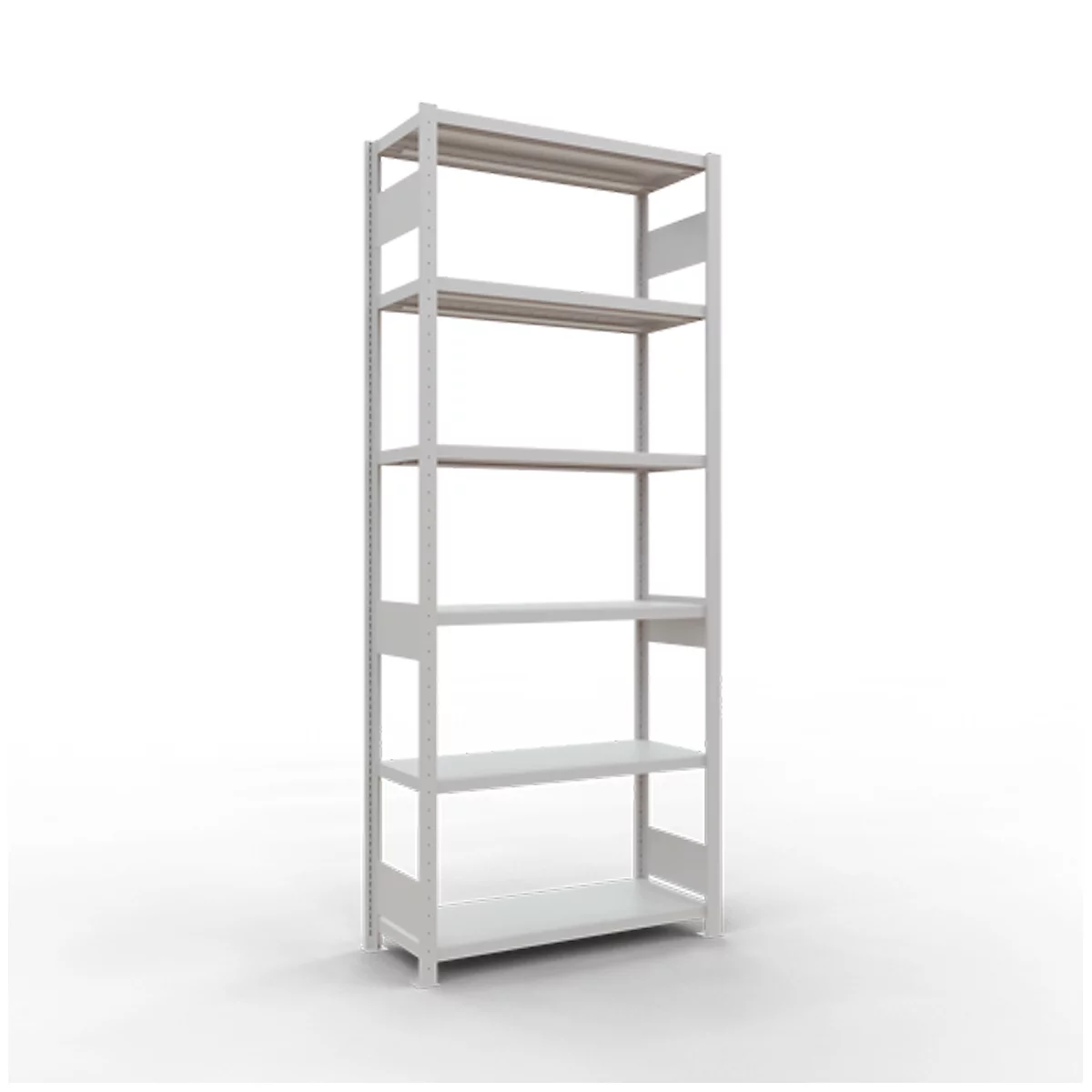 Witte, vrijstaande metalen stellingkast met zes planken, geïsoleerd op een witte achtergrond.