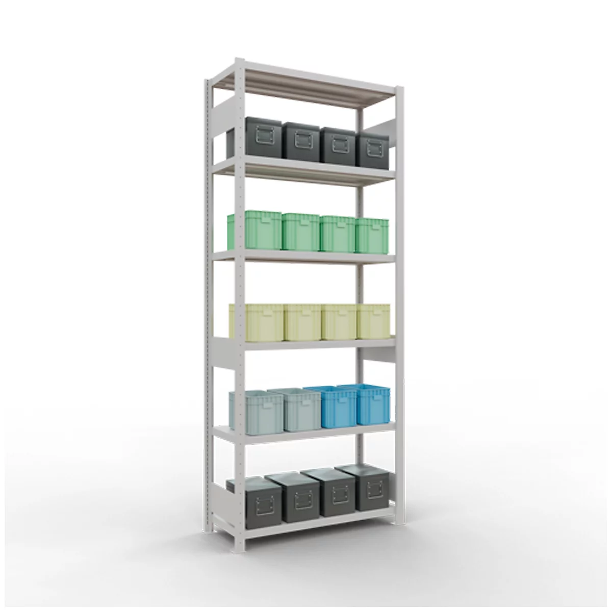 Een lichtgrijs rek met kleurrijke dozen. Op zes niveaus zijn grijze, groene, gele, blauwe en grijze dozen geplaatst.