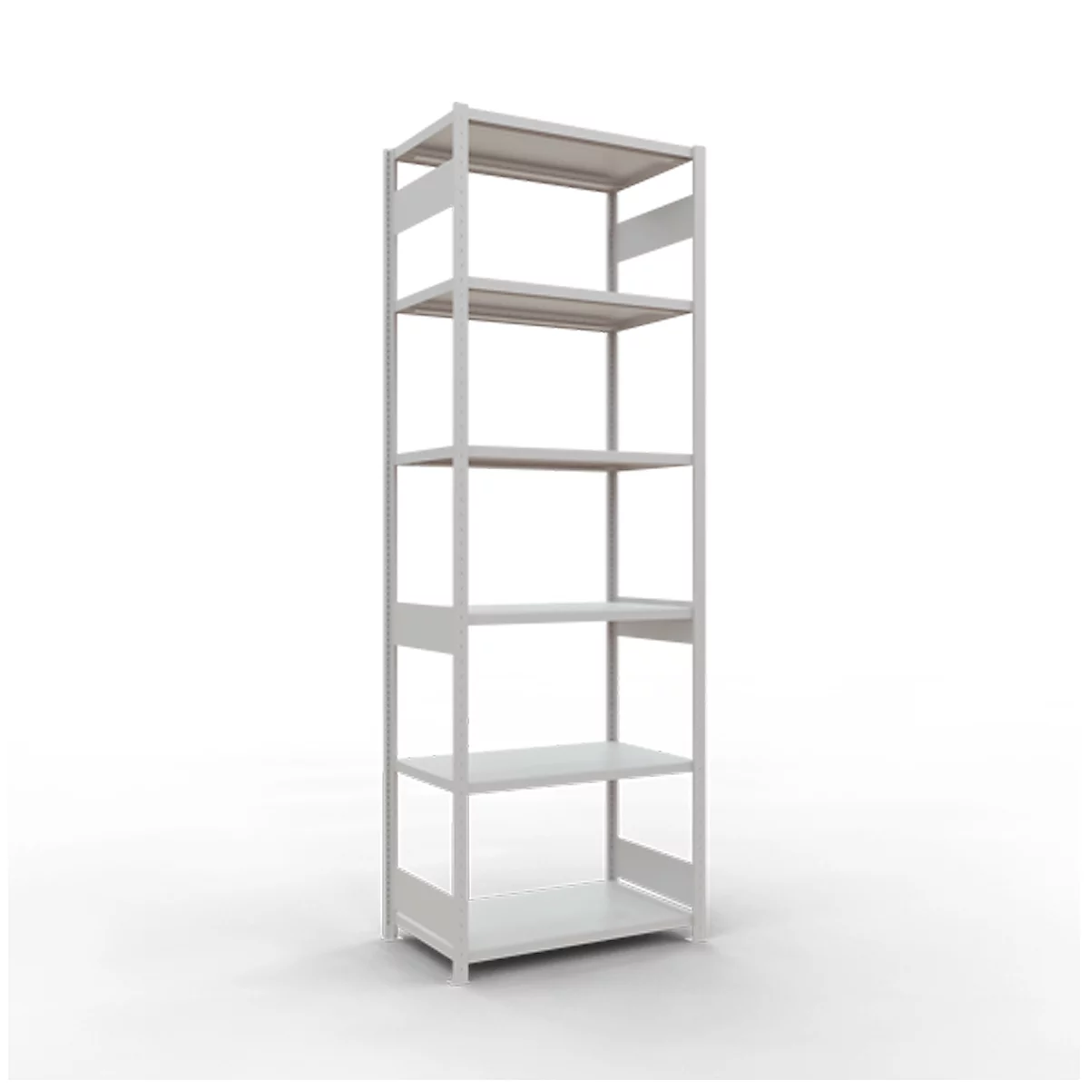 Hoge, witte plank met vijf planken, tegen een witte achtergrond.