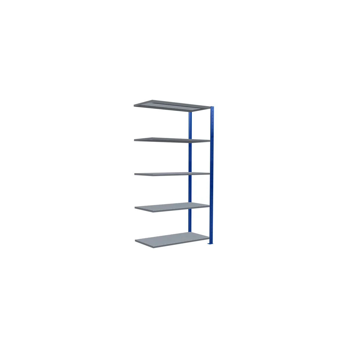 Grijs rek met blauwe steunen. Vijf planken, aan de muur gemonteerd. Ideaal voor opslag.