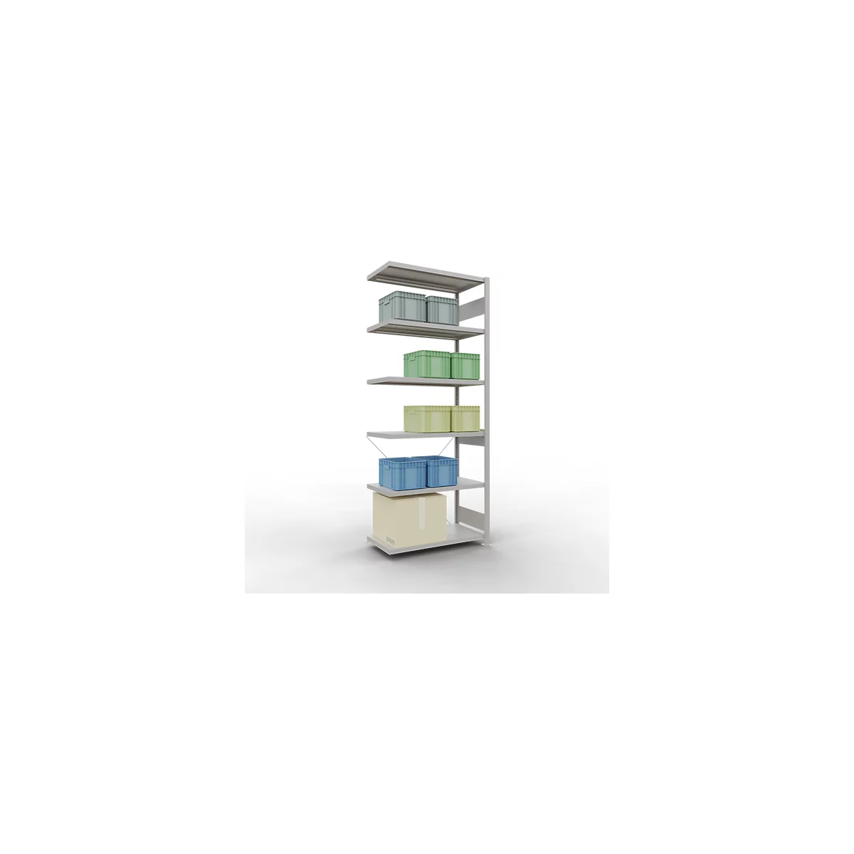 Een grijs opslagrek met meerdere niveaus, gevuld met groene, blauwe en gele dozen en een kartonnen doos.
