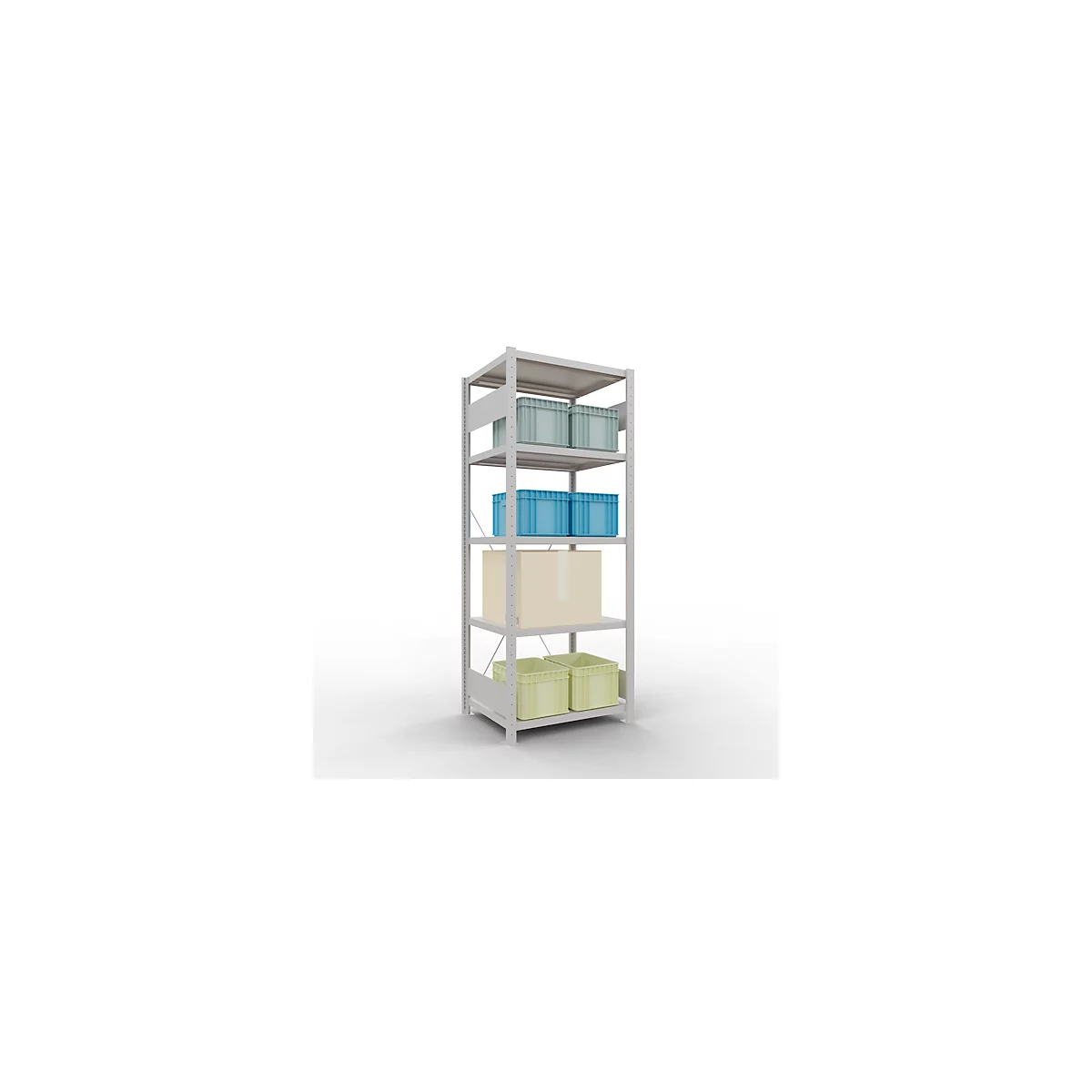 Schulte Lagertechnik MultiPlus250 rekkensysteem zonder schroeven, basisrek, 5 legborden, dwarsverbindingen, B 750 x D 600 x H 2000 mm, lichtgrijs RAL 7035