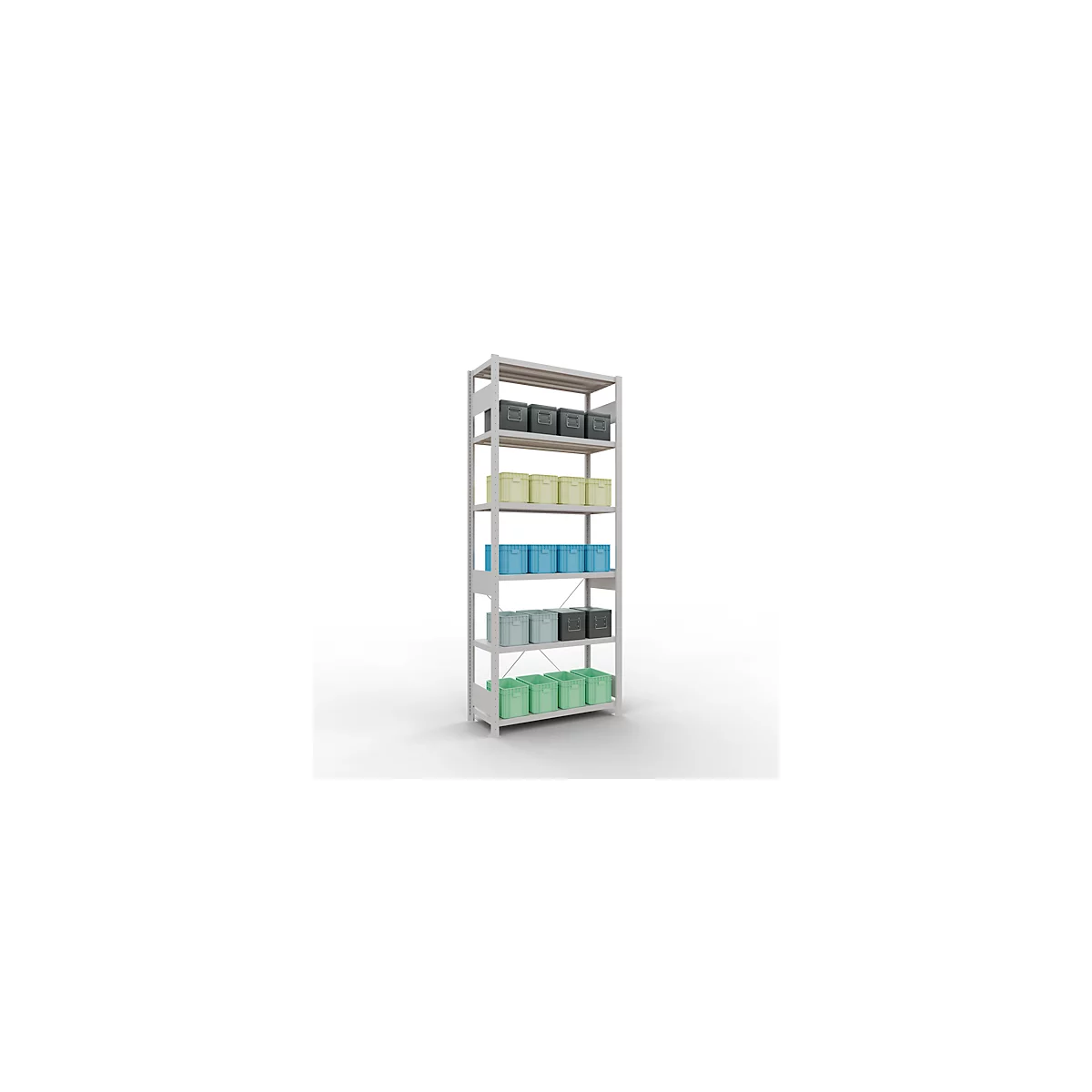 Schulte Lagertechnik MultiPlus250 rekkensysteem zonder schroeven, basisrek, 6 legborden, dwarsverbindingen, B 1000 x D 400 x H 2500 mm, lichtgrijs RAL 7035