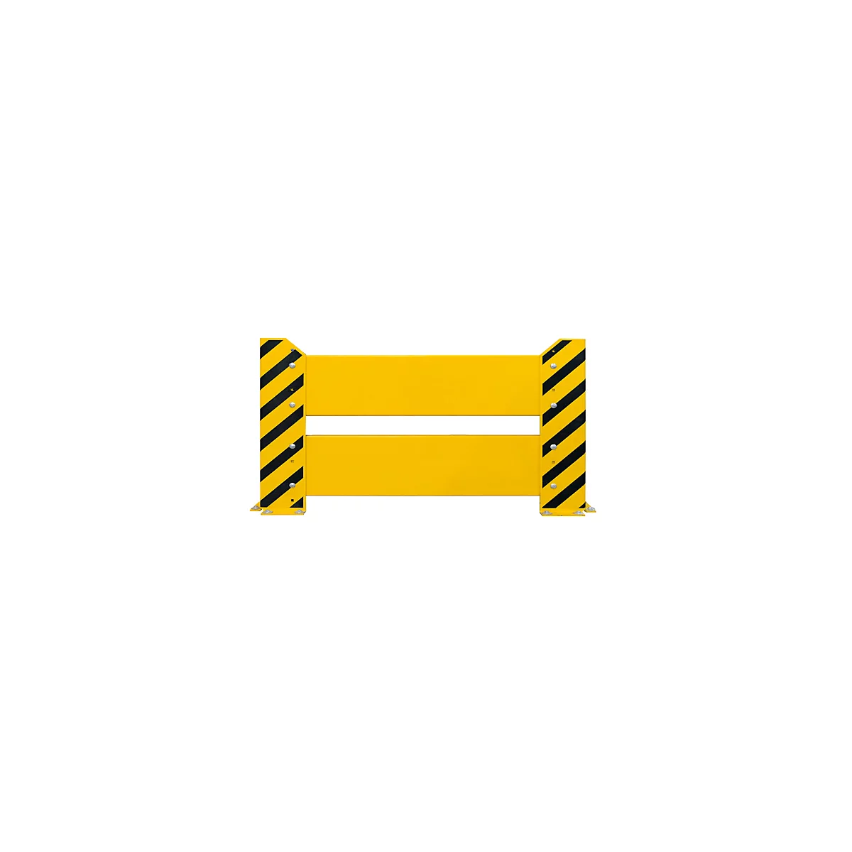 Barrière jaune avec des rayures diagonales noires sur les côtés. Deux poutres horizontales, fixées par des vis.