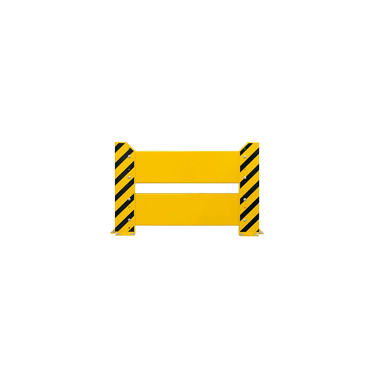 Barrière jaune avec des rayures diagonales noires sur les côtés. Deux barres horizontales jaunes reliées aux poteaux marqués.