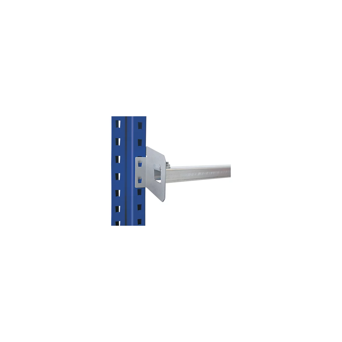 Close-up of a blue shelf support with a silver angle bracket holding a shelf beam.