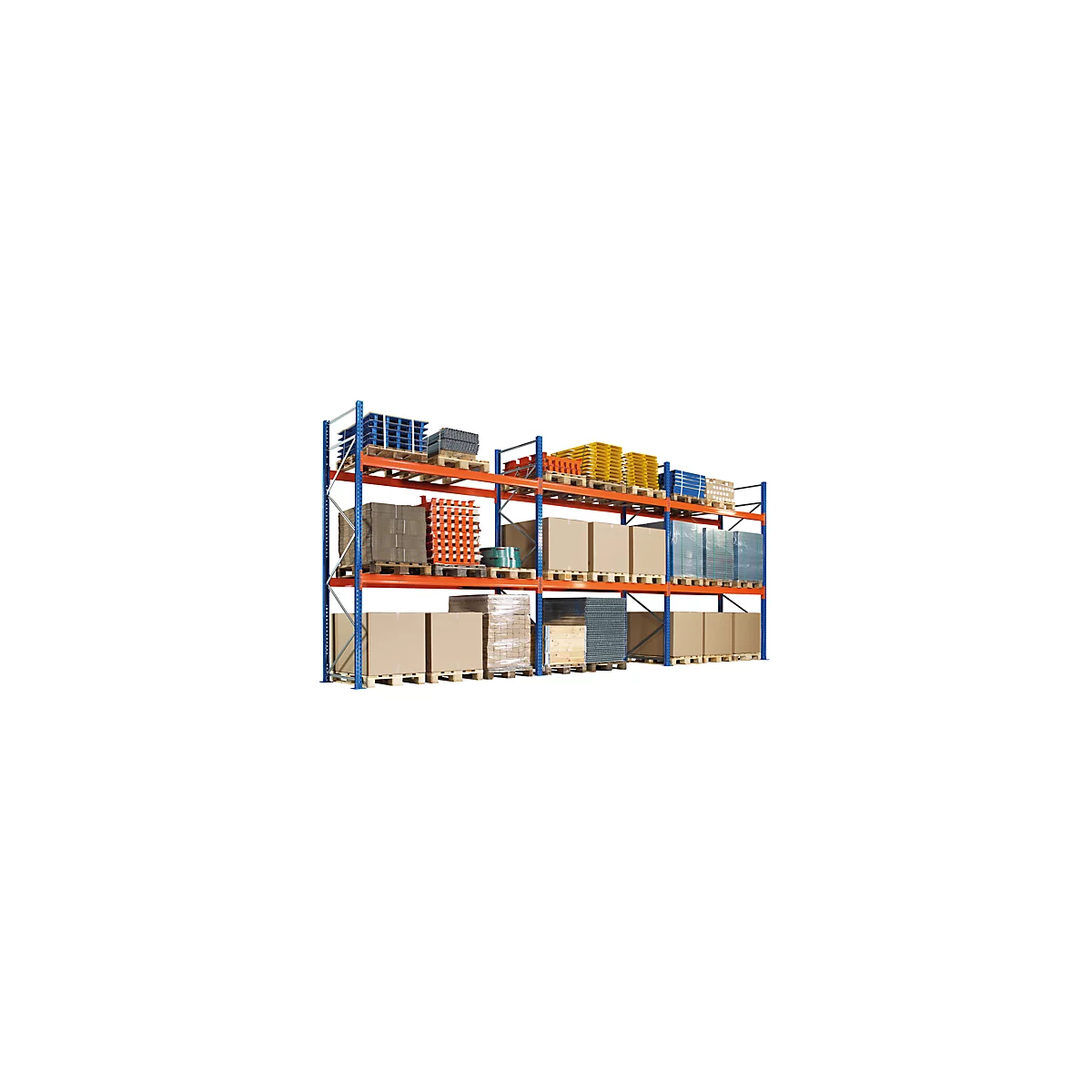 Schulte Lagertechnik Rayonnage à palettes, rayonnage de base, L 8444 x P 1100 x H 5000 mm, 4 niveaux, poids des palettes jusqu'à 800 kg, charge admissible par travée 8630 kg, bleu/orange