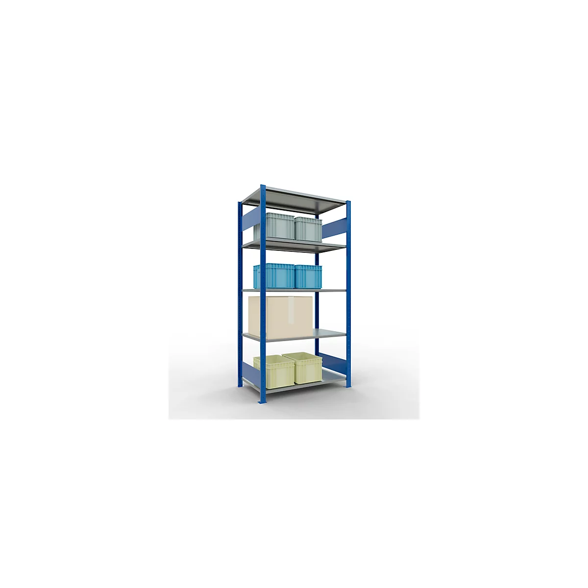 Schulte Lagertechnik Rayonnage à tablettes MULTIplus150, rayonnage de base emboîtable, L 1000 x P 600 x H 2000 mm, 5 niveaux, jusqu'à 1300 kg, bleu gentiane/galvanisé