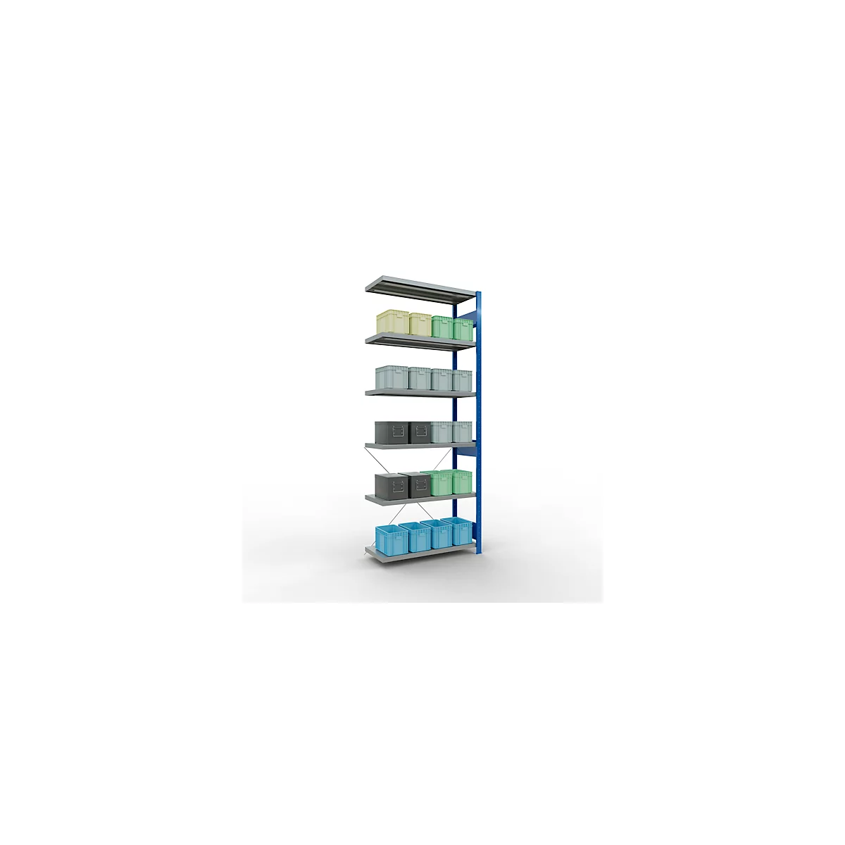 Schulte Lagertechnik Rayonnage à tablettes système enfichable MultiPlus250, rayonnage annexe, 6 tablettes, entretoise croisée, L 1000 x P 400 x H 2500 mm, bleu gentiane RAL 5010
