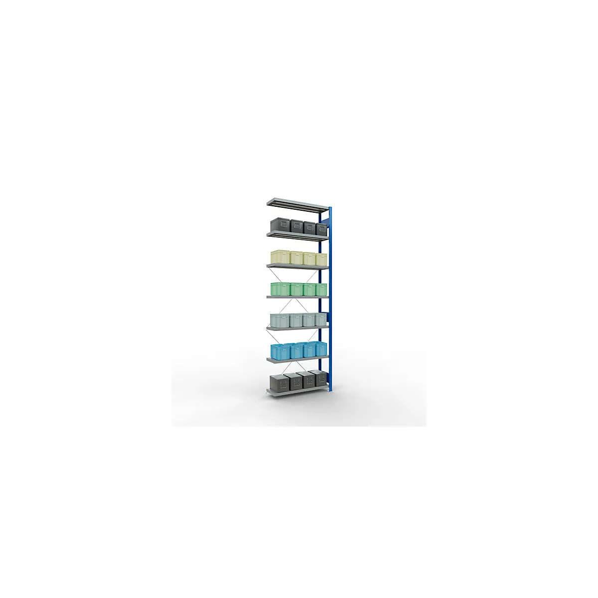 Schulte Lagertechnik Rayonnage à tablettes Système enfichable MultiPlus250, rayonnage annexe, 7 tablettes, entretoise croisée, L 1000 x P 300 x H 3000 mm, bleu gentiane RAL 5010