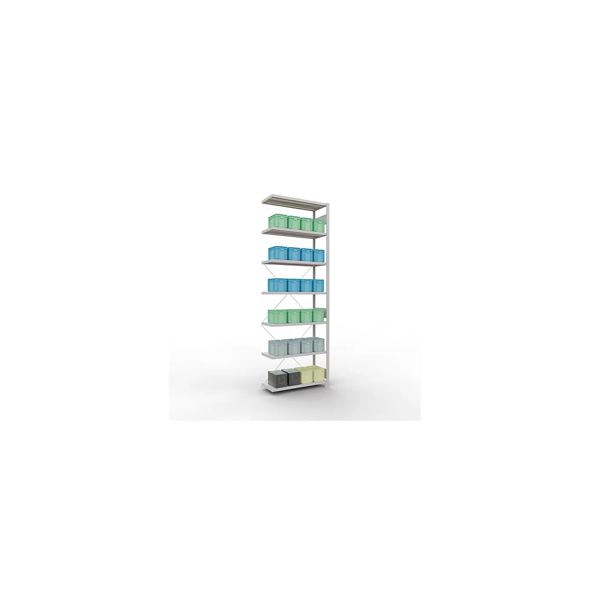 Schulte Lagertechnik Rayonnage à tablettes Système enfichable MultiPlus250, rayonnage annexe, 7 tablettes, entretoise croisée, L 1000 x P 400 x H 3000 mm, gris clair RAL 7035
