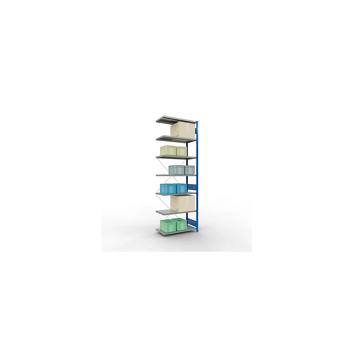 Schulte Lagertechnik Rayonnage à tablettes Système enfichable MultiPlus250, rayonnage annexe, 7 tablettes, entretoise croisée, L 1000 x P 500 x H 3000 mm, bleu gentiane RAL 5010