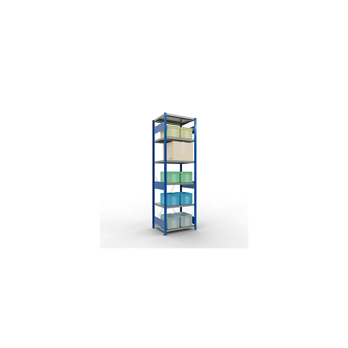 Schulte Lagertechnik Rayonnage à tablettes Système enfichable MultiPlus250, rayonnage de base, 6 tablettes, entretoise, L 750 x P 600 x H 2500 mm, bleu gentiane RAL 5010