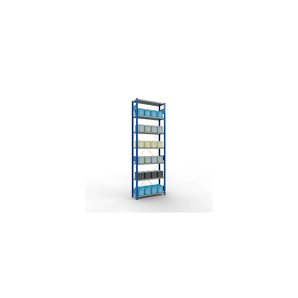 Schulte Lagertechnik Rayonnage à tablettes Système enfichable MultiPlus250, rayonnage de base, 7 tablettes, entretoise croisée, L 1000 x P 300 x H 3000 mm, bleu gentiane RAL 5010