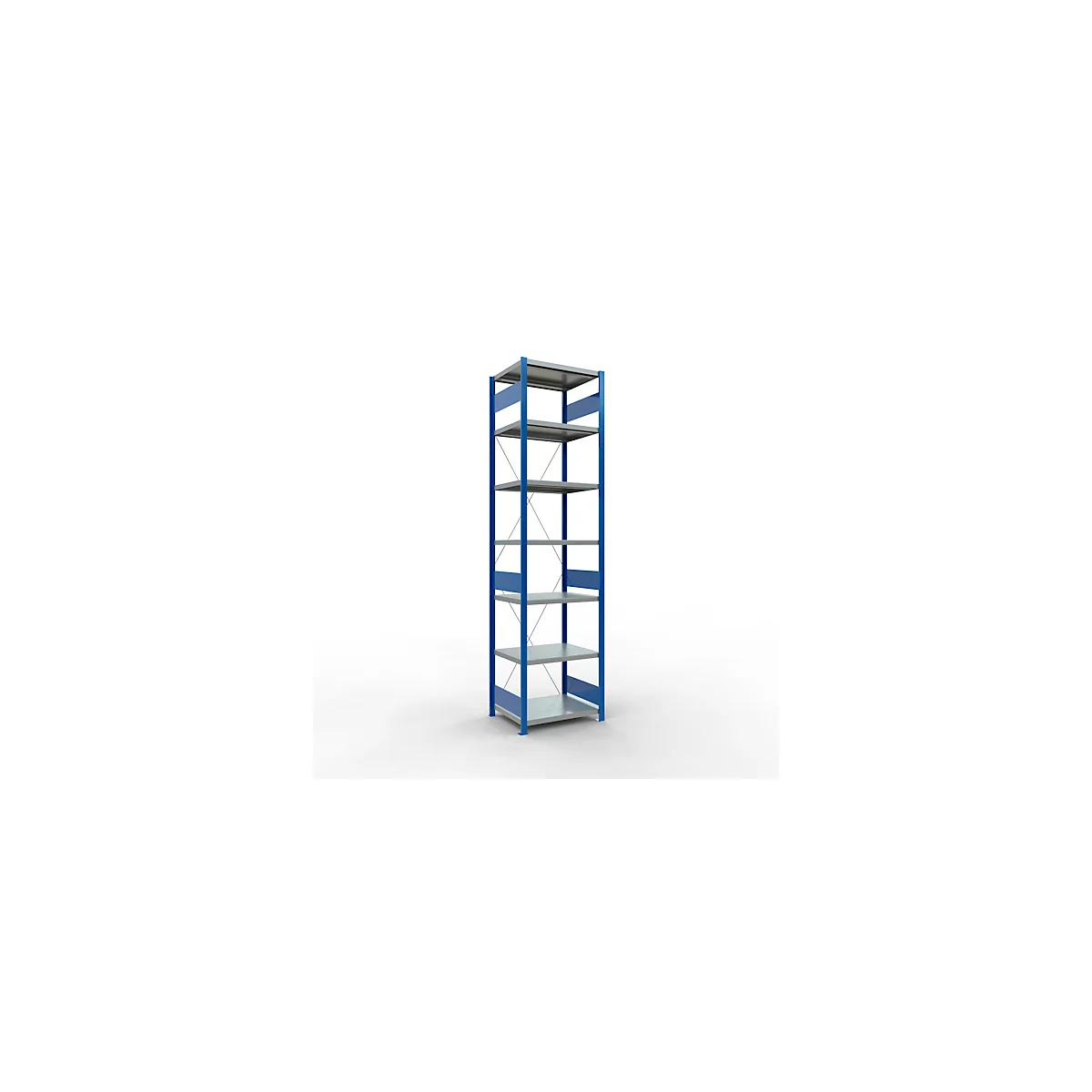 Schulte Lagertechnik Rayonnage à tablettes Système enfichable MultiPlus250, rayonnage de base, 7 tablettes, entretoise croisée, L 750 x P 600 x H 3000 mm, bleu gentiane RAL 5010