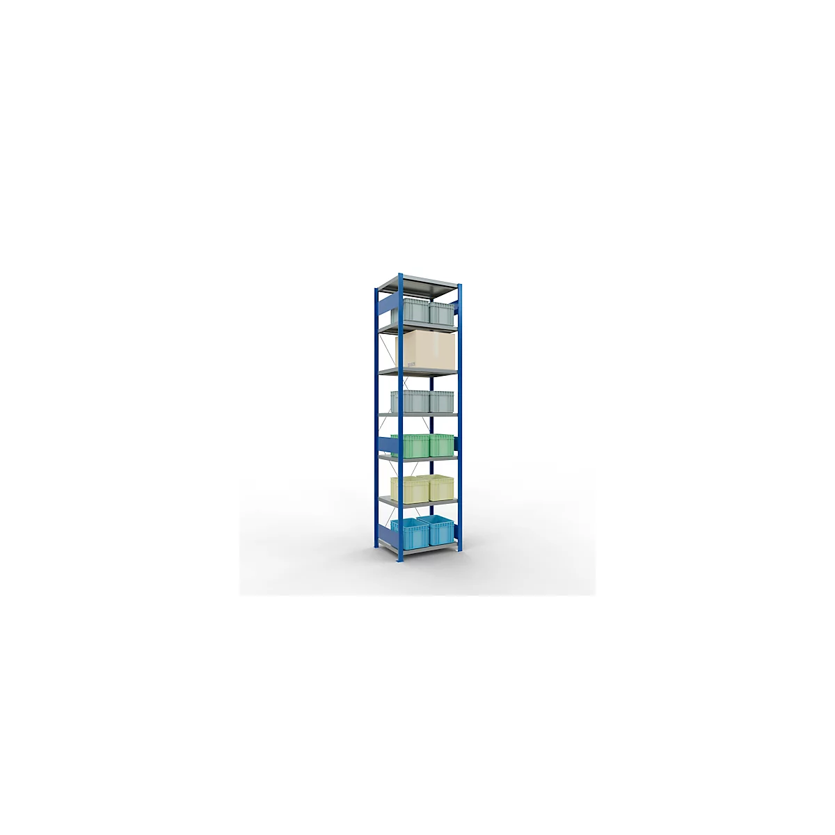 Schulte Lagertechnik Rayonnage à tablettes Système enfichable MultiPlus250, rayonnage de base, 7 tablettes, entretoise croisée, L 750 x P 600 x H 3000 mm, bleu gentiane RAL 5010