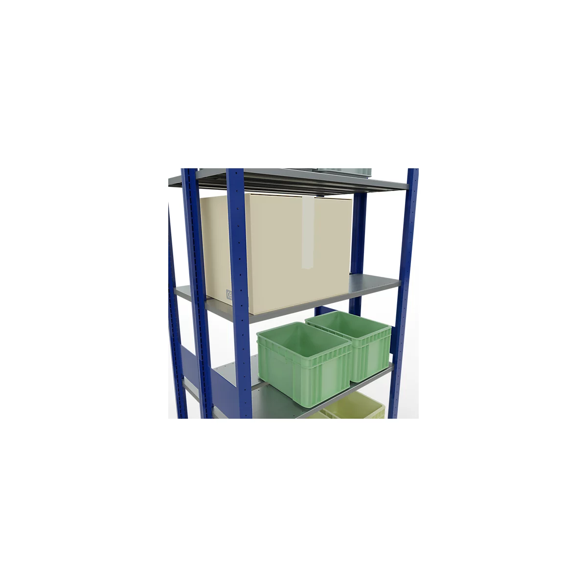 Une étagère de stockage avec des supports bleus et des étagères grises, remplie d'une grande boîte en carton et de boîtes vertes.