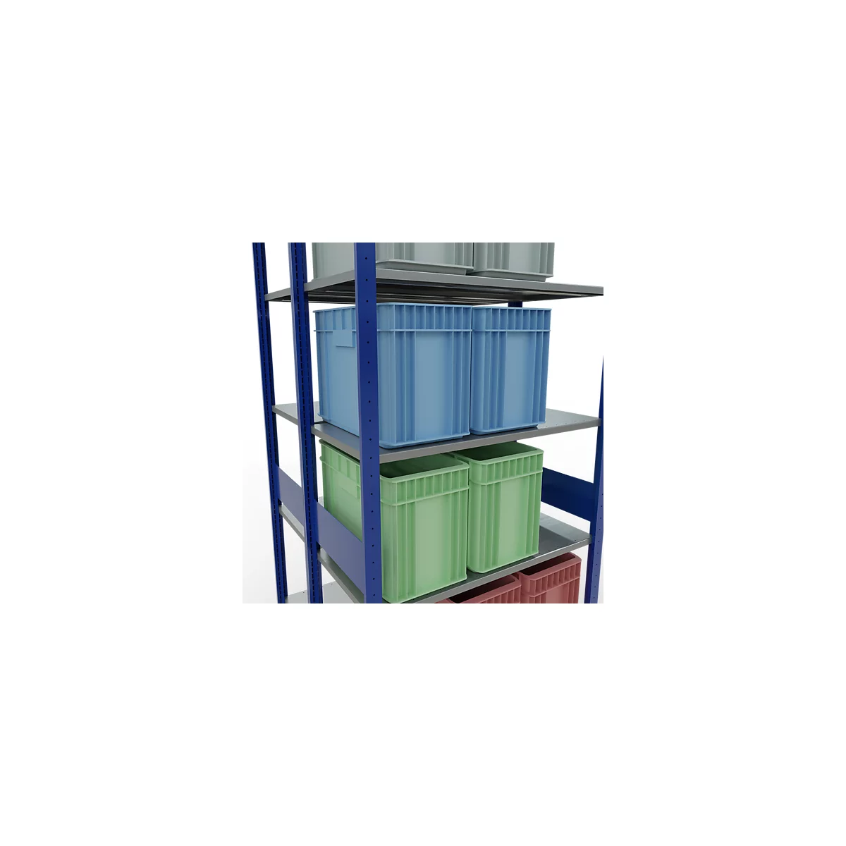 Une étagère avec des boîtes de rangement bleues, vertes et rouges. Des étagères grises sur une structure en acier bleu.