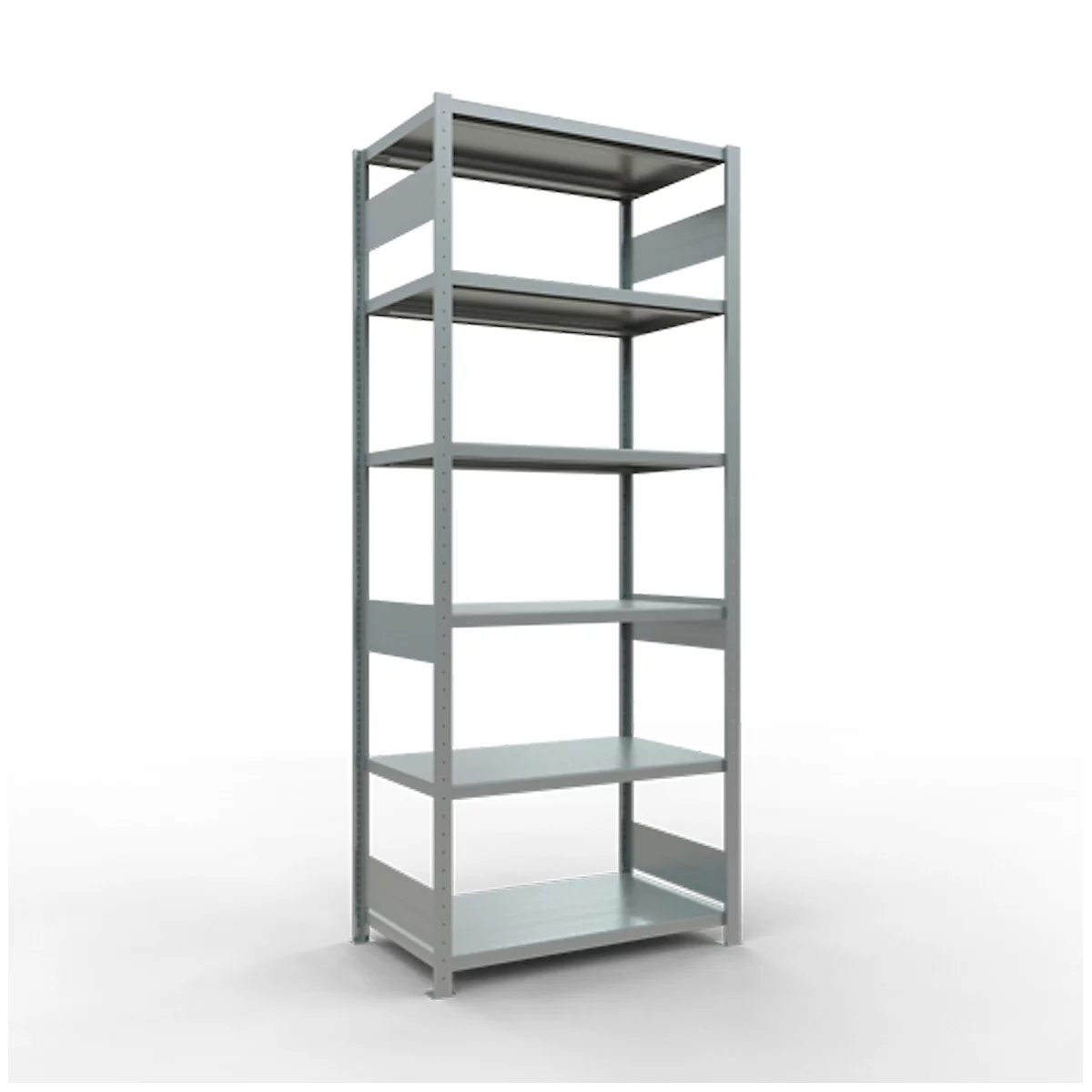 Étagère en métal gris à cinq niveaux sur fond blanc.