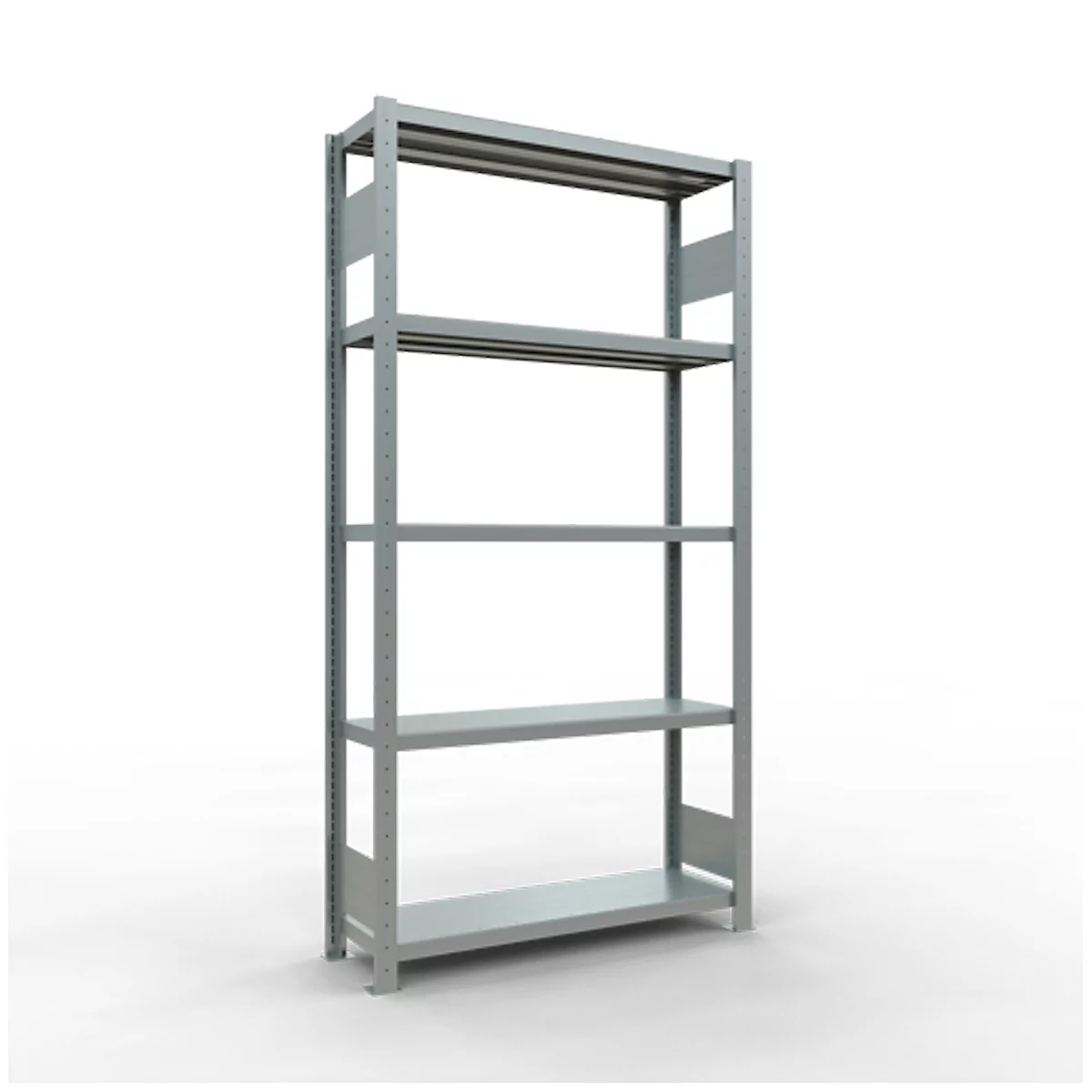 Une étagère en métal gris avec cinq niveaux sur fond blanc.