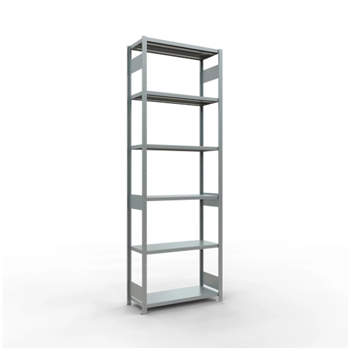 Étagère en métal gris avec cinq étagères, sur fond blanc.