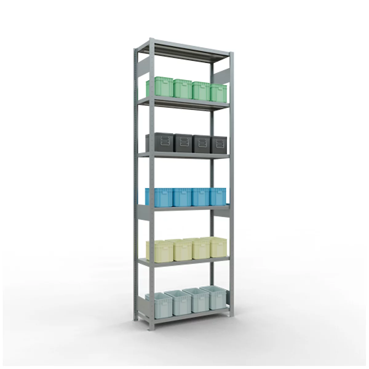 Une étagère grise à six niveaux remplie de conteneurs de différentes couleurs sur fond blanc.