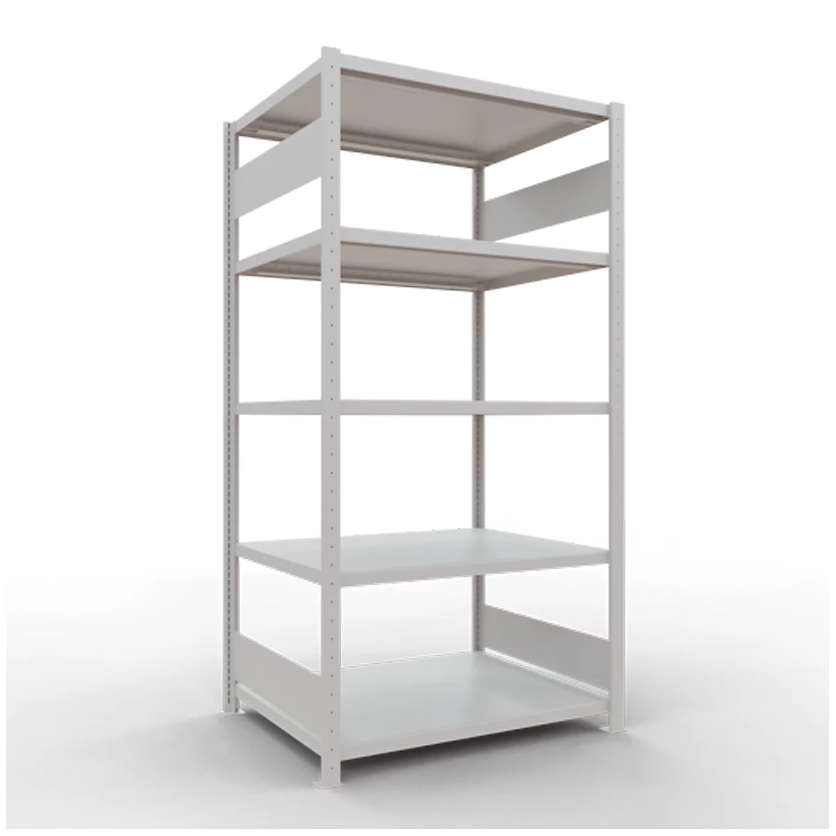 Une étagère blanche à cinq niveaux se dresse sur un fond blanc.