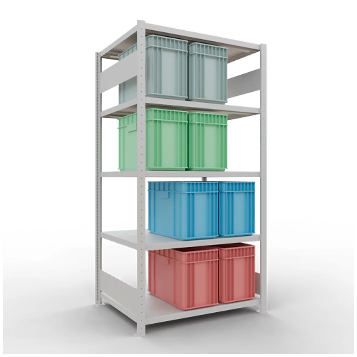 Une étagère grise à quatre niveaux remplie de boîtes en plastique colorées : bleu, vert, turquoise, rose.