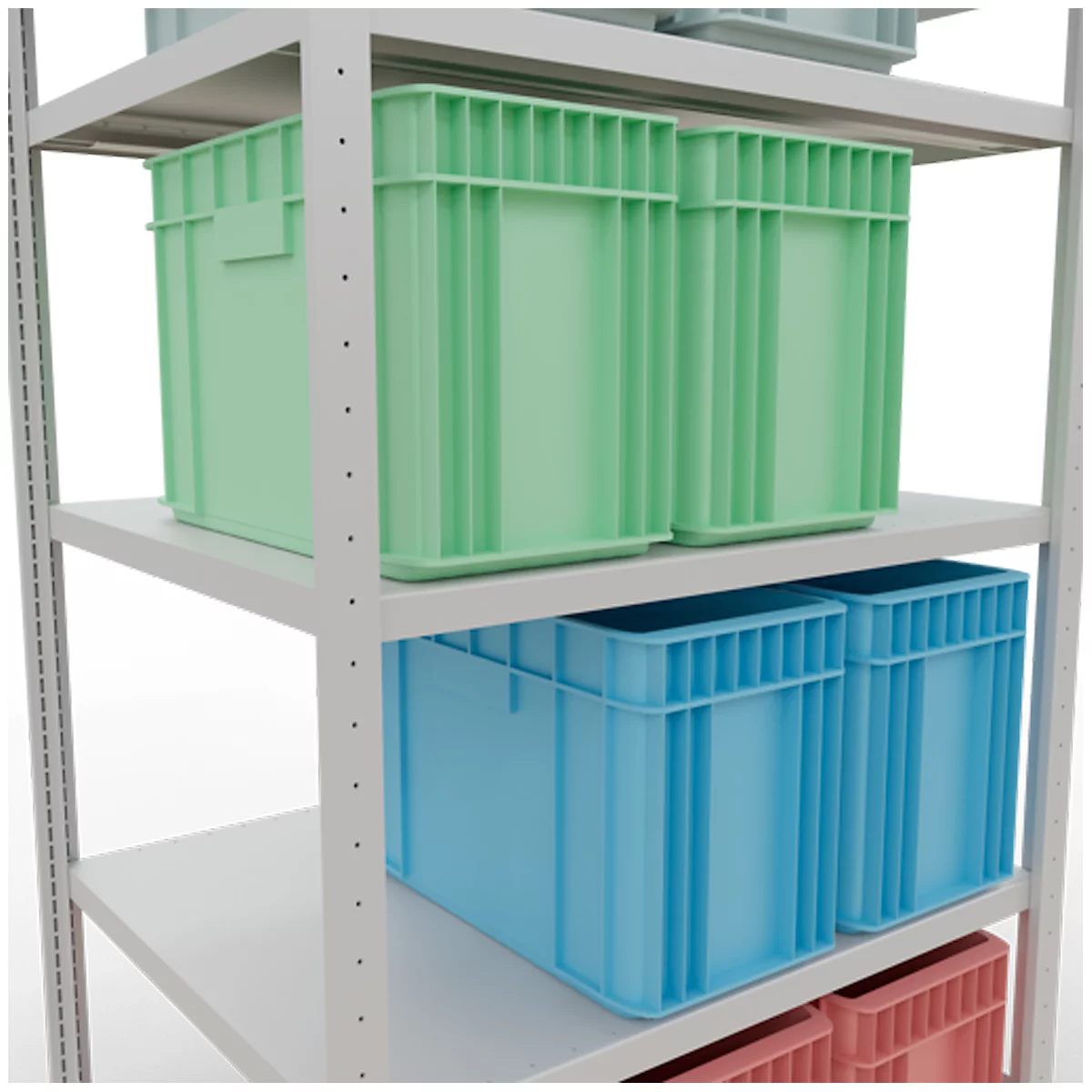 Étagère avec des boîtes en plastique de différentes couleurs, disposées sur plusieurs niveaux.