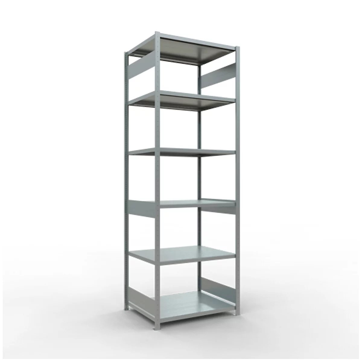 Étagère en métal gris avec cinq étagères, sur fond blanc.