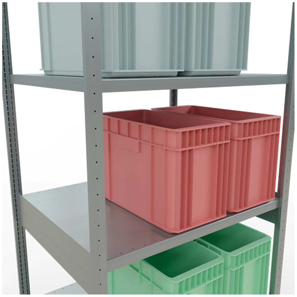 Une étagère métallique à plusieurs niveaux, garnie de boîtes en plastique vertes, rouges et bleues.