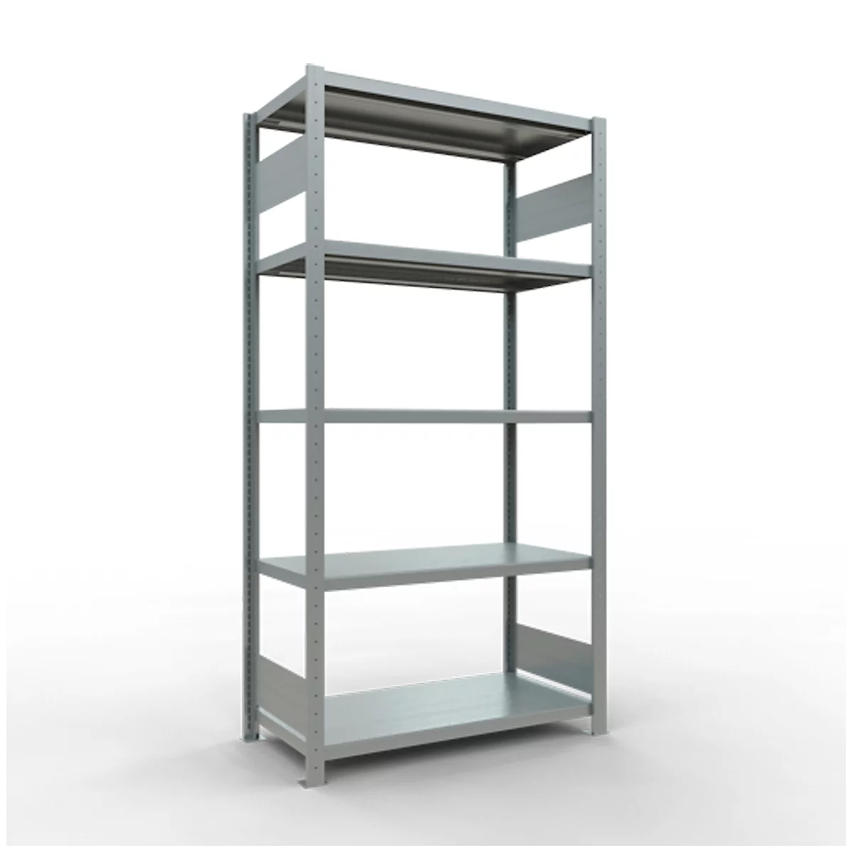 Étagère en métal gris avec 5 étagères sur fond blanc. Une étagère simple, de conception industrielle.