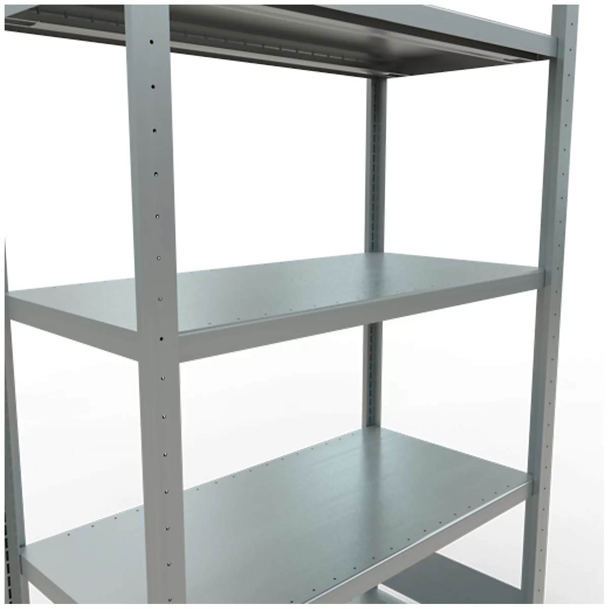 Étagère métallique grise à quatre étagères. Les supports verticaux relient les niveaux.