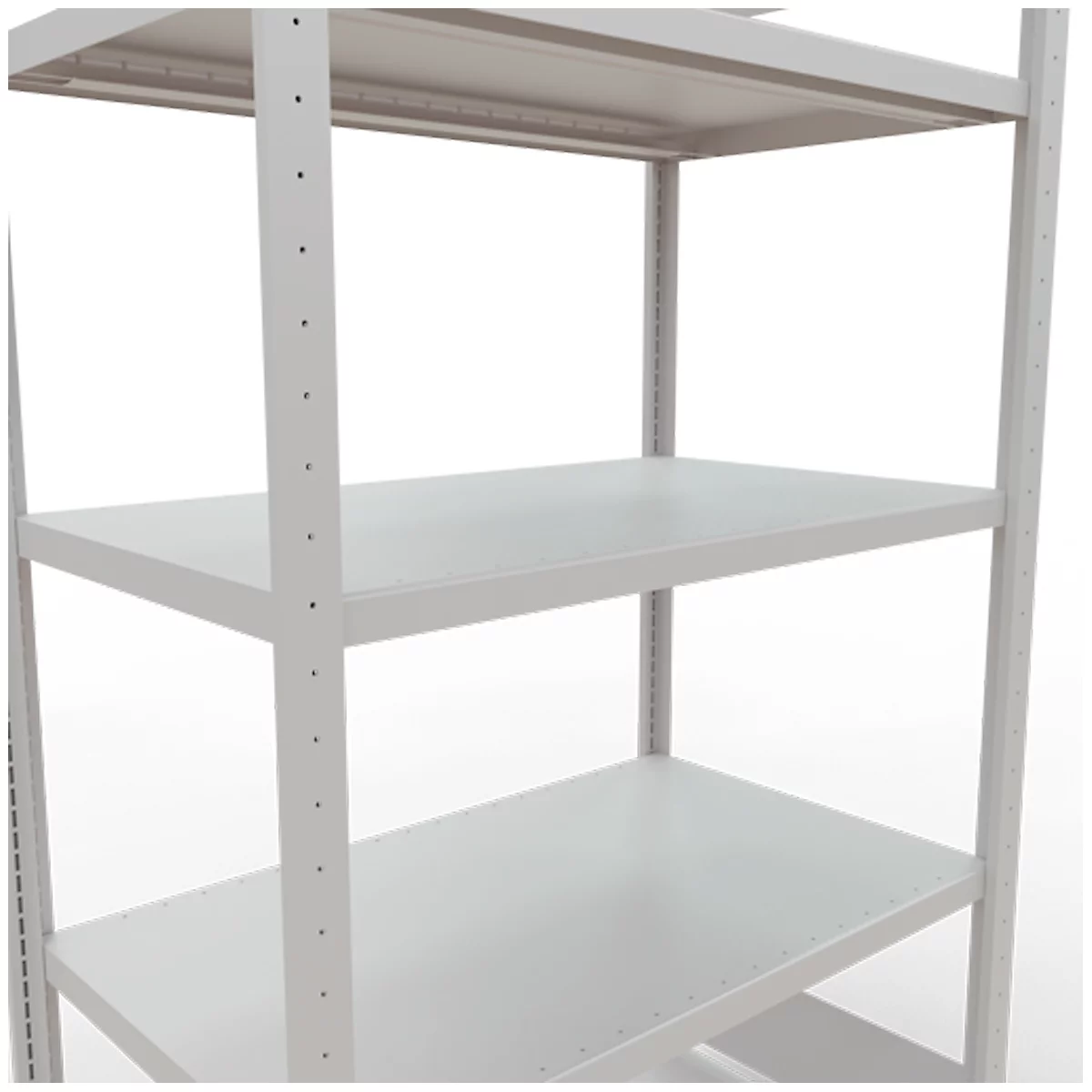 Étagère en métal gris avec plusieurs niveaux, vue de détail. Les étagères sont lisses et vides.