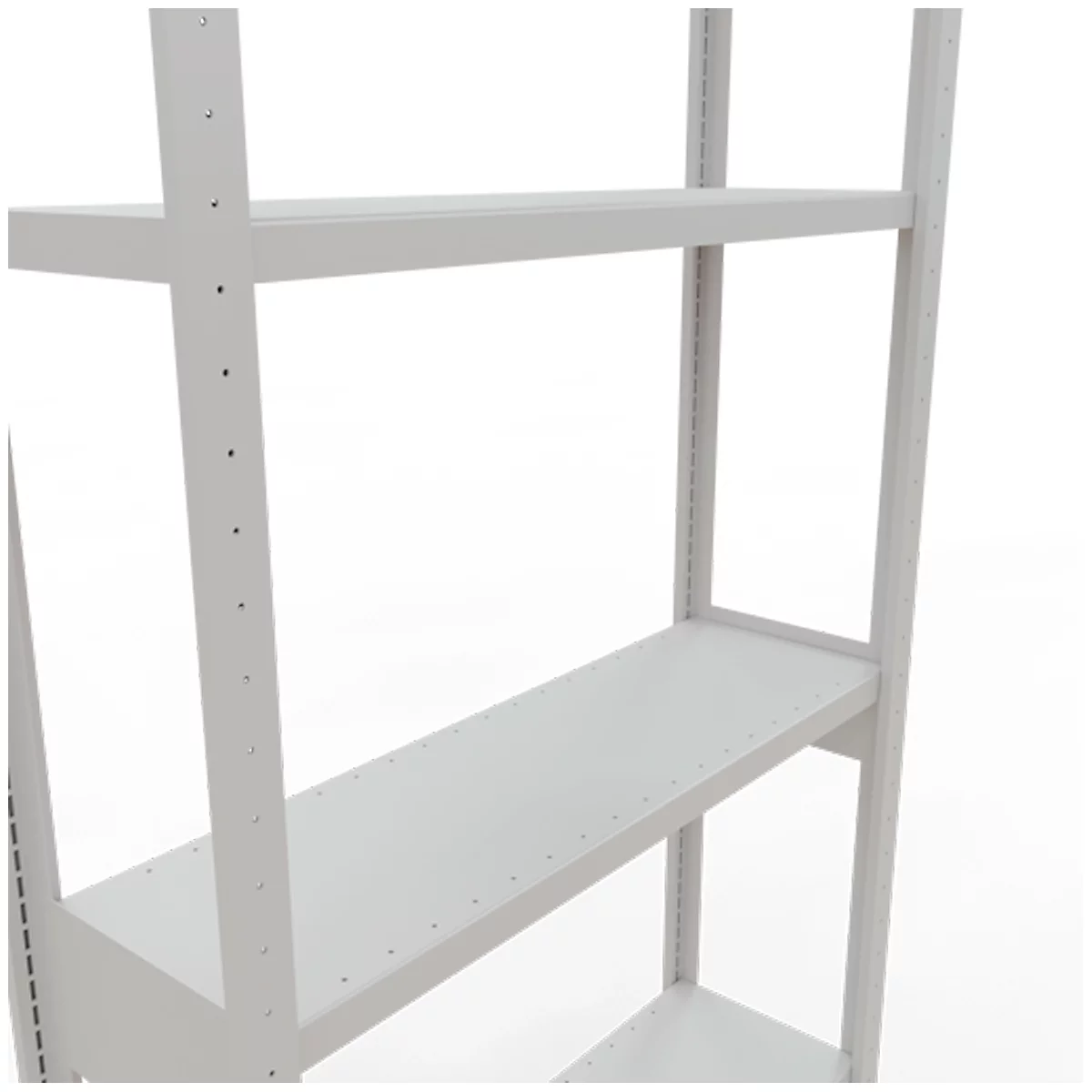 Gros plan d'une étagère métallique blanche, composée de quatre étagères. Le fond est blanc.