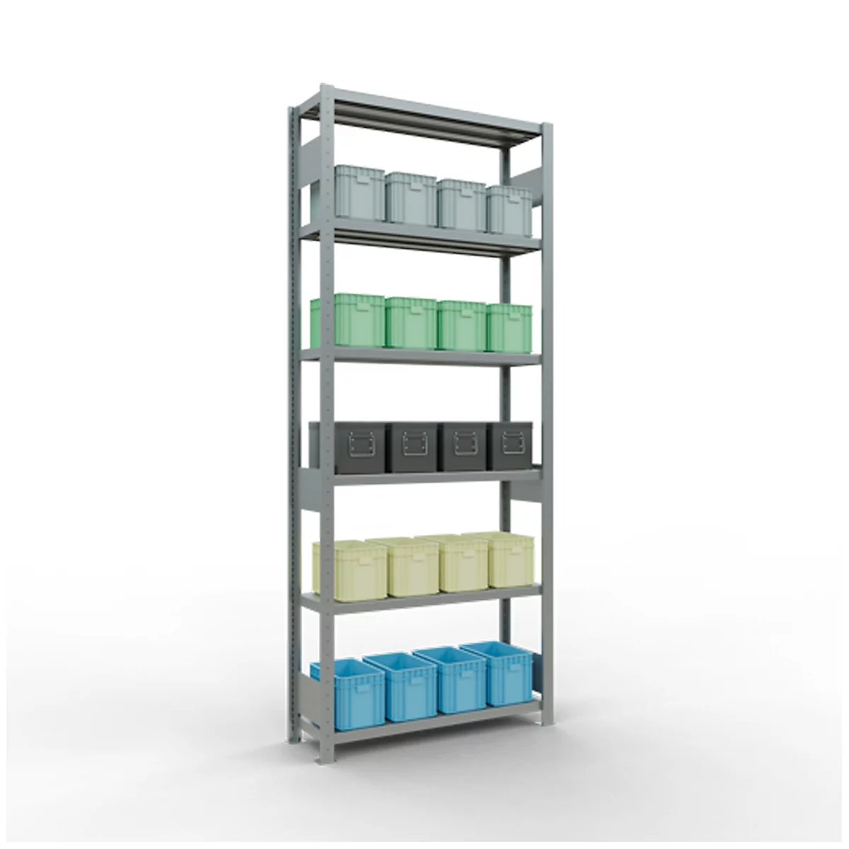 Étagère de stockage grise avec plusieurs étagères. Sur chaque étagère, des boîtes de différentes couleurs.