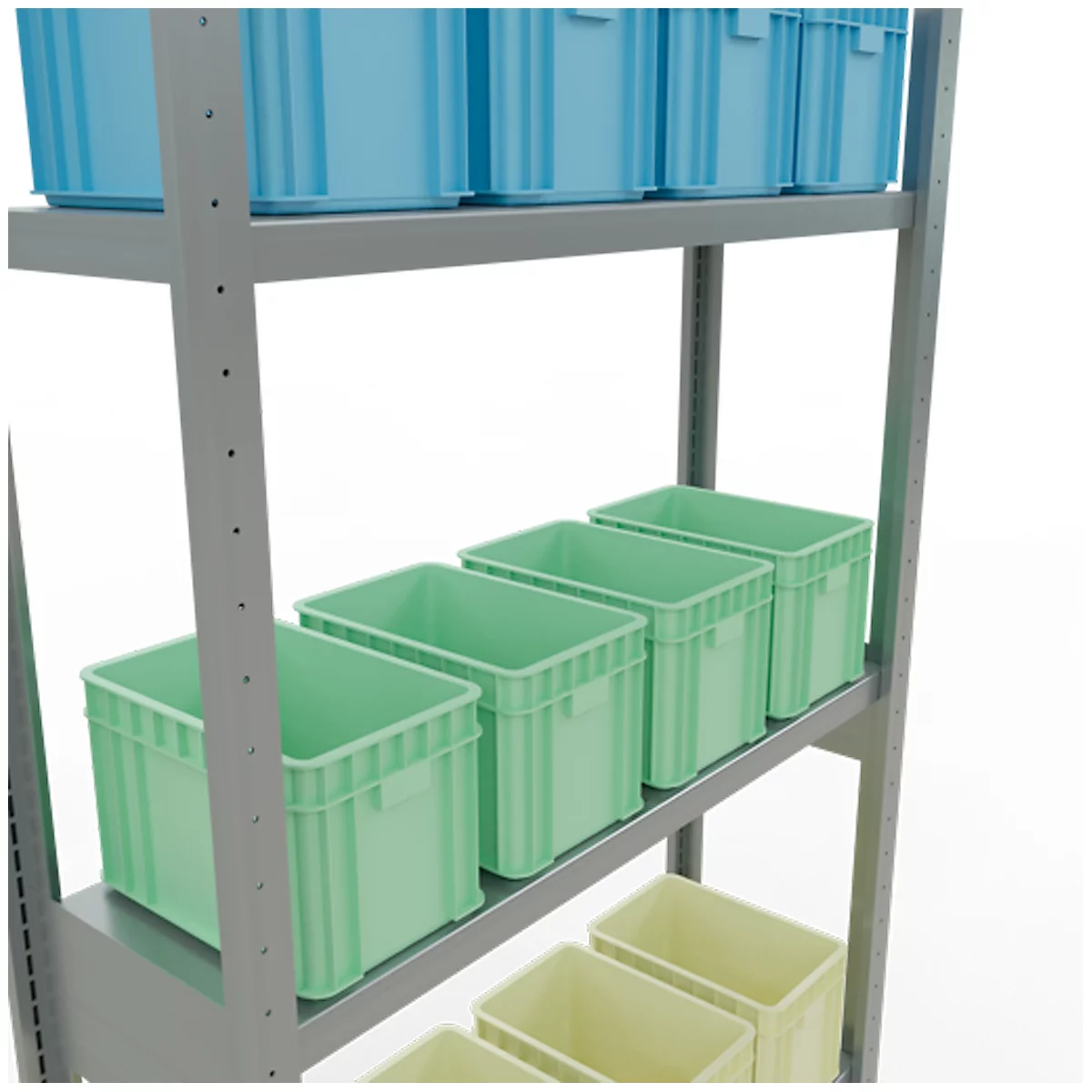 Une étagère métallique avec plusieurs boîtes en plastique bleues, vertes et jaunes.