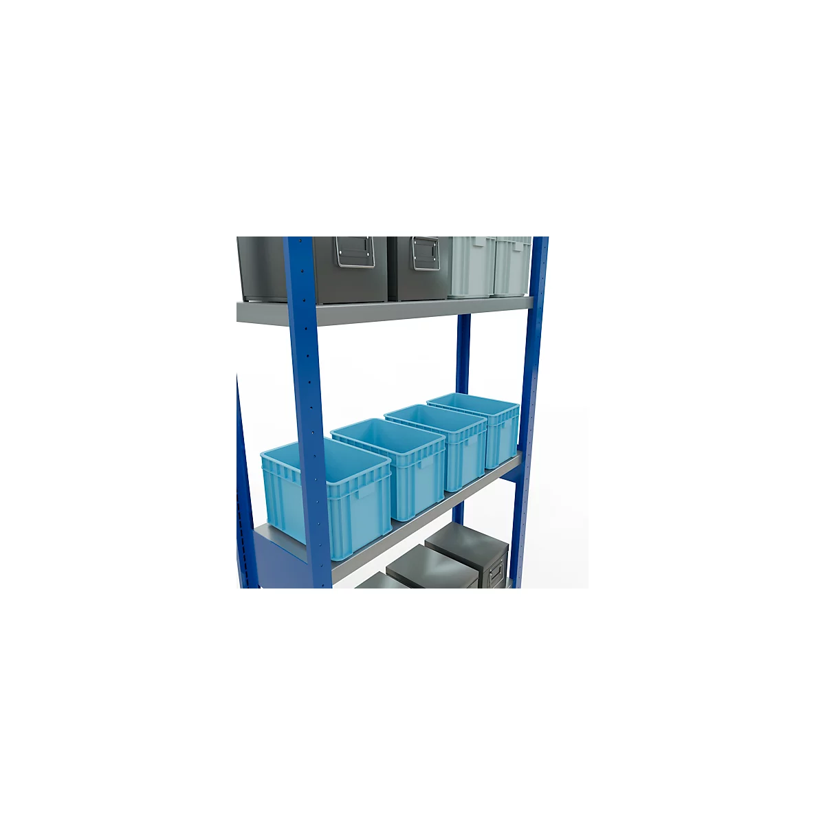 Une étagère avec des caisses bleues et des conteneurs gris à différents niveaux. Côtés bleus et étagères grises sur fond blanc.