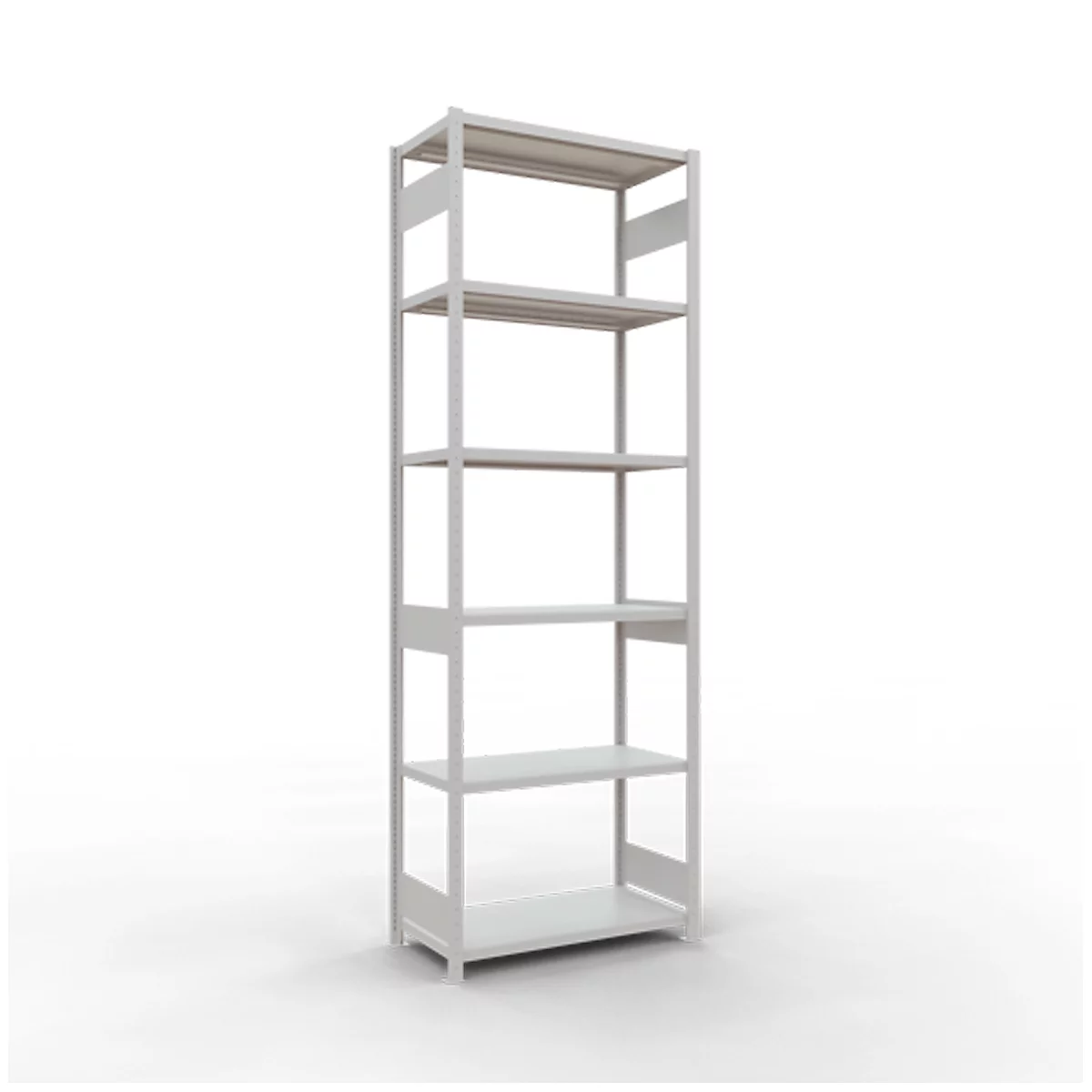 Une étagère blanche à six niveaux se tenant devant un fond blanc.