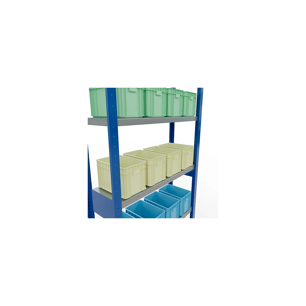 Étagère avec des boîtes vertes, jaunes et bleues, sur fond blanc.