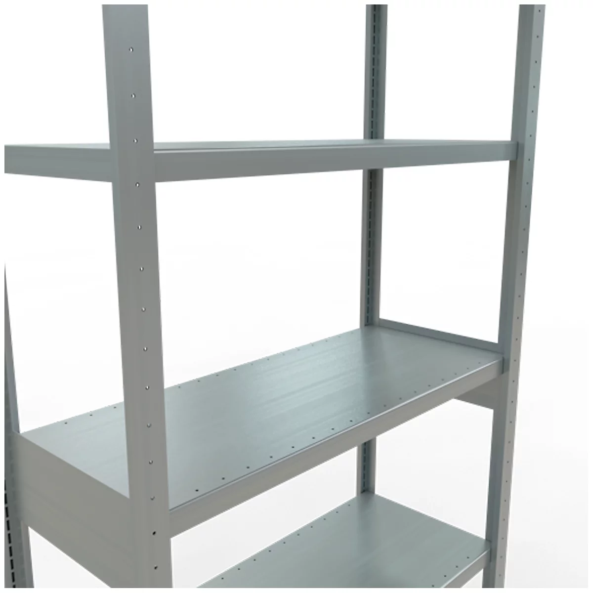 Une étagère métallique à plusieurs niveaux, représentée dans des tons de gris.