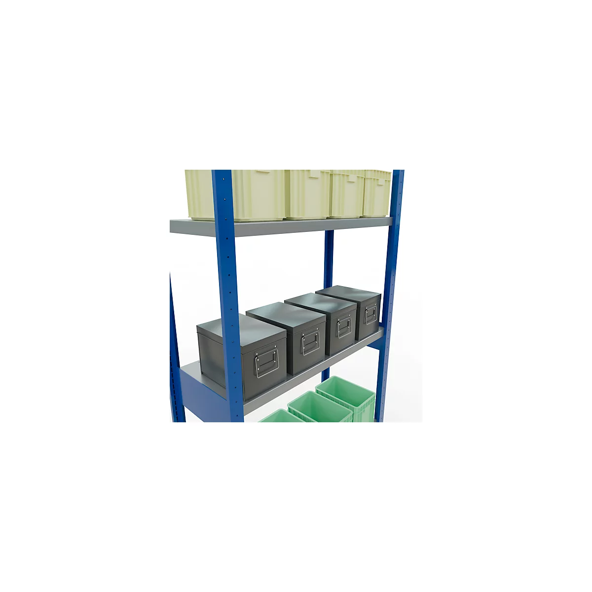 Système d'étagères bleu à plusieurs niveaux avec des boîtes jaunes et grises sur les étagères. Conteneurs verts en dessous.