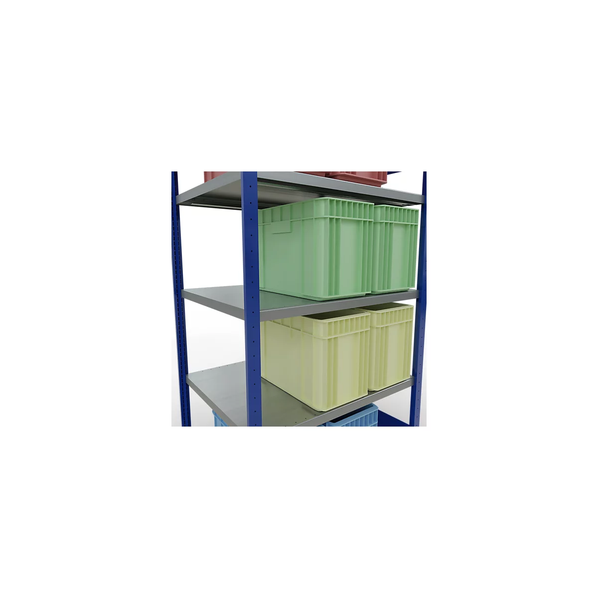 Une étagère de stockage avec des montants bleus et des étagères grises, remplie de diverses boîtes en plastique vertes, jaunes et bleues.