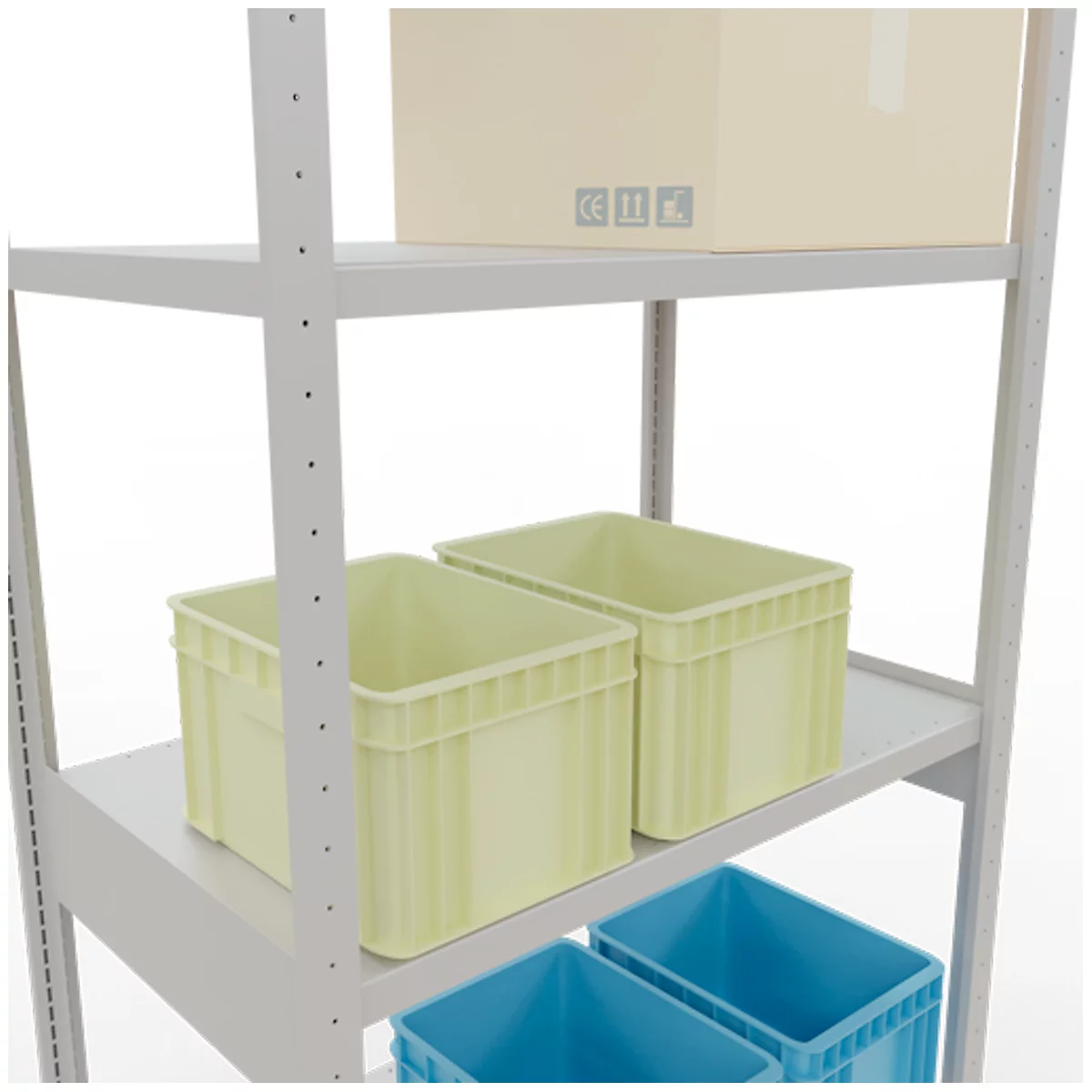 Étagère avec des bacs jaunes et bleus et un carton. Le fond est blanc.