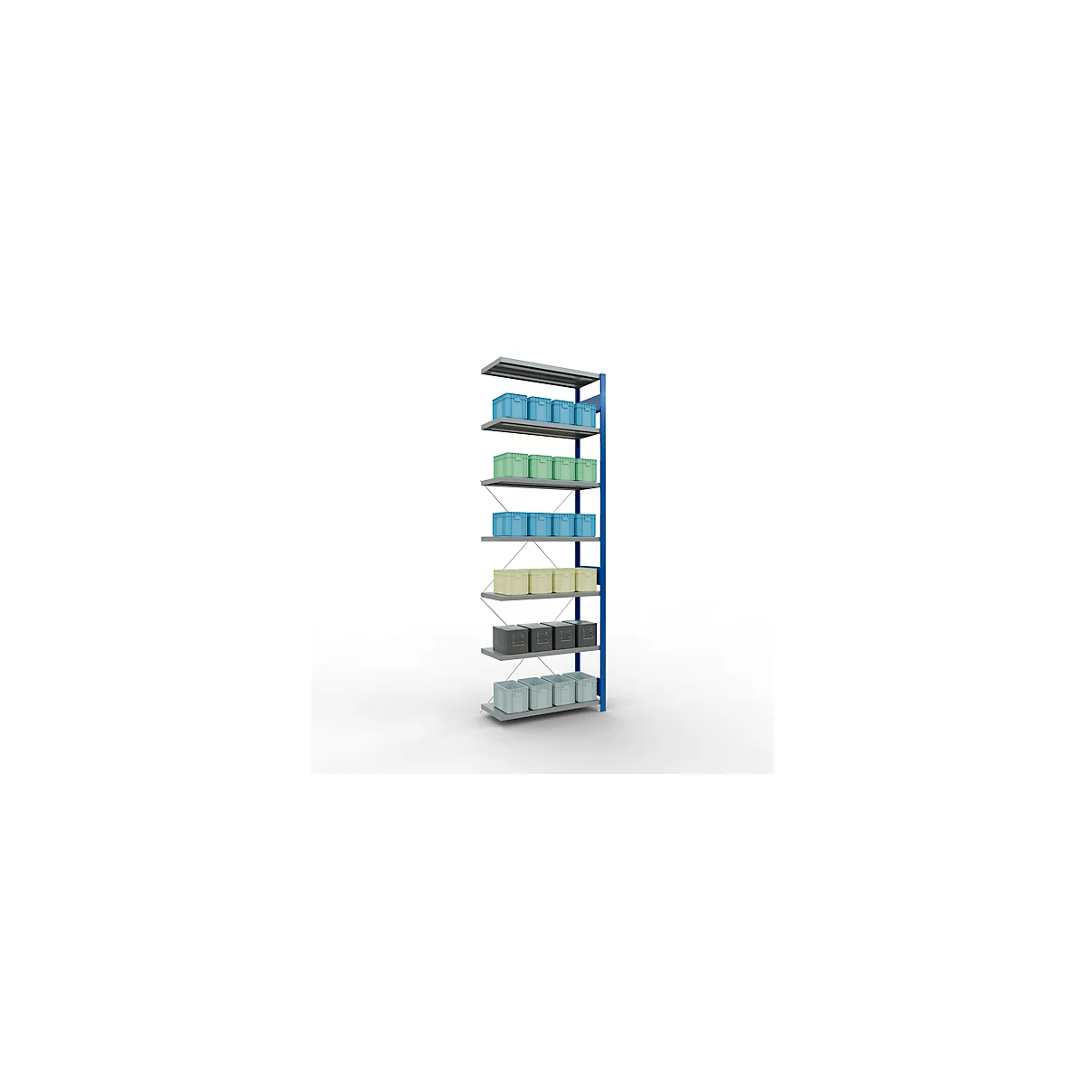 Schulte Lagertechnik rekkensysteem MultiPlus250, aanbouwvak, 7 legborden, dwarsverbindingen, B 1000 x D 400 x H 3000 mm, gentiaanblauw RAL 5010
