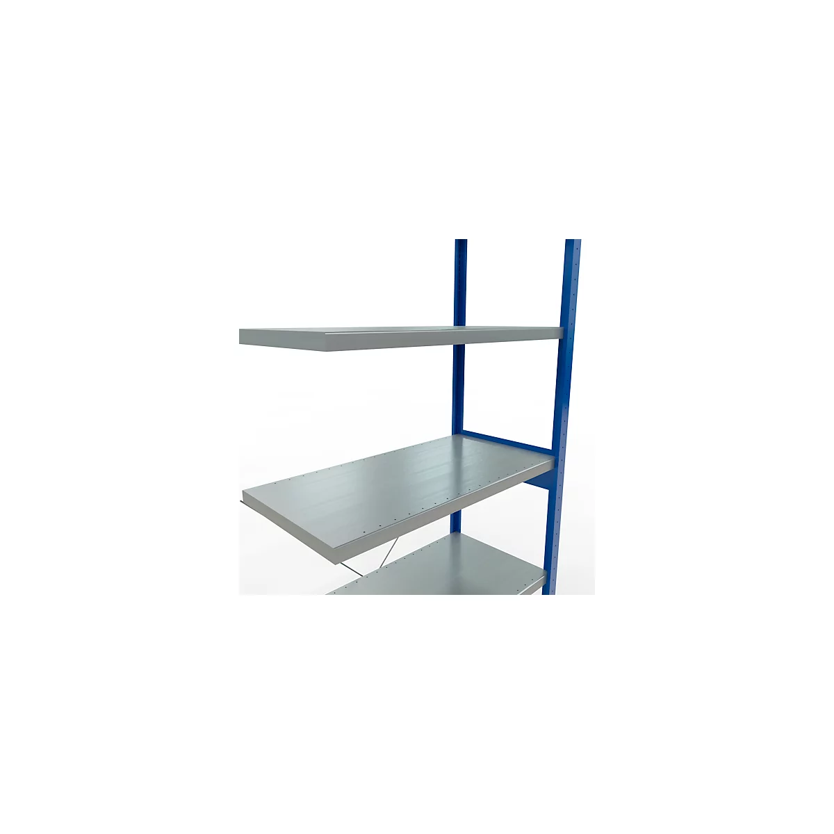 Stalen plank met blauwe frames en grijze planken. Het perspectief is iets van onderaf.