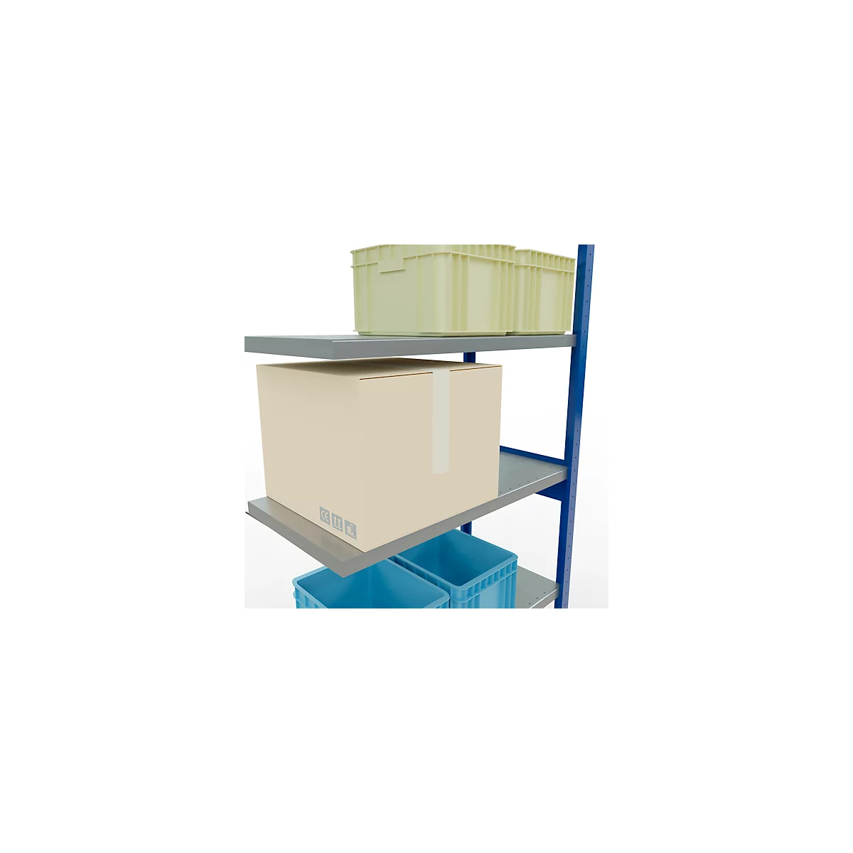 Rek met verschillende dozen en kartons. Een grote kartonnen doos met plakband, groene en blauwe containers.